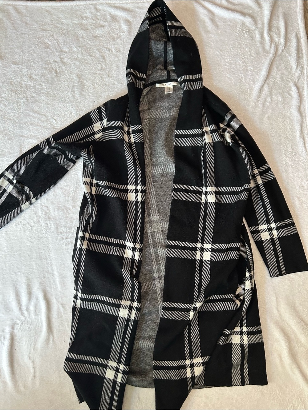 Max Studio Black and White Plaid Hooded Cardigan